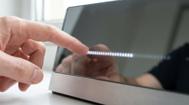 Smart home automation interface touched on reflective device screen with human hand showing modern digital control