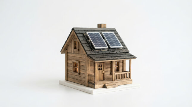 Small wooden house with solar panels illustrating affordable housing challenge and renewable energy concept