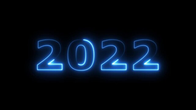 top ten countdown neon light bright glowing numbers from 10 to 1 seconds and HAPPY NEW YEAR 2022.  blue Neon Countdown on dark background. Running dynamic light Numbers animated for intros
