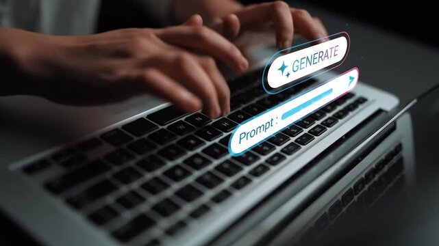 Hands Typing on Laptop Keyboard with Graphic Elements for Generate and Prompt in a Darkly Lit Workspace Environment Gluon.