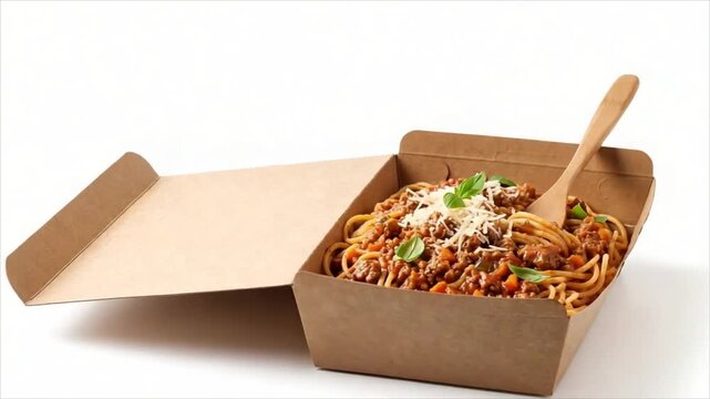 Open cardboard takeout box filled with spaghetti, meat sauce, grated cheese and basil. Italian pasta meal for delivery or takeaway dining.