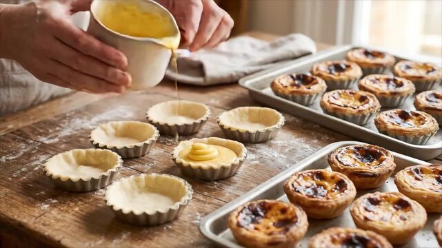 Baker pours custard into pastry tart shells beside a tray of baked tarts. Homemade dessert preparation and pastry baking.