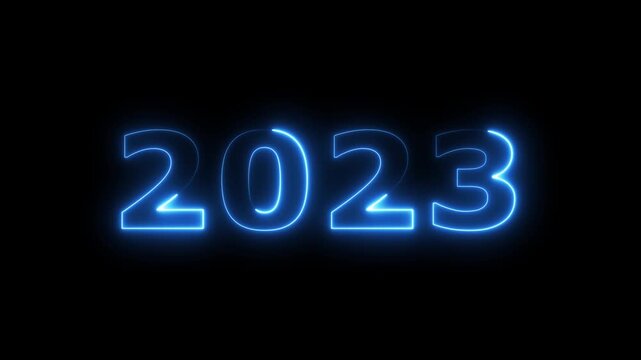top ten countdown neon light bright glowing numbers from 10 to 1 seconds and HAPPY NEW YEAR 2023.  blue Neon Countdown on dark background. Running dynamic light Numbers animated for intros