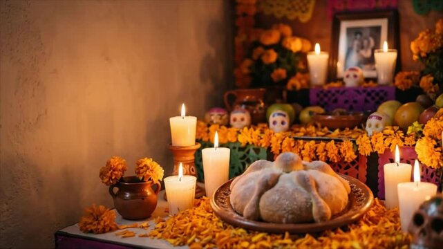 Day of the Dead altar with bread offering, candles, marigolds and skull decorations. Mexican remembrance tradition and festive memorial still life.