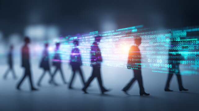 People walking behind streams of binary data represent digital society and workforce data transformation.
