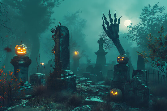 Spooky zombie hand emerging from grave in foggy graveyard at night, Halloween concept with jack-o-lantern and tombstones.