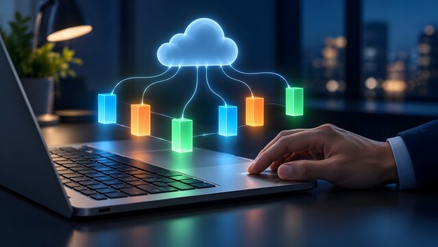 Businessman using laptop with holographic cloud computing network and modular data storage interface