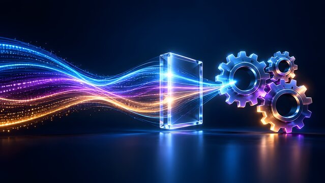 Colorful data streams flowing through a digital screen turning into interlocking gears symbolizing technology automation