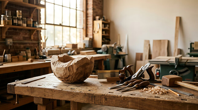 A rustic wooden bowl sitting on a workbench in a traditional carpentry workshop.
