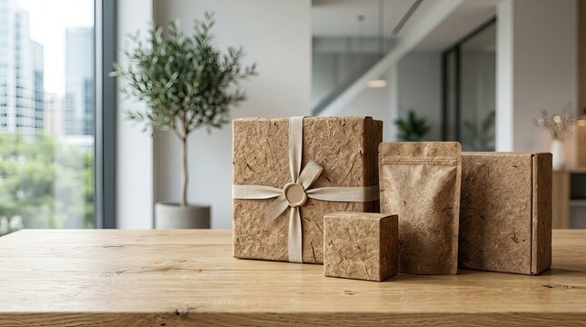 Eco-friendly gift packaging on a wooden table with a plant background.