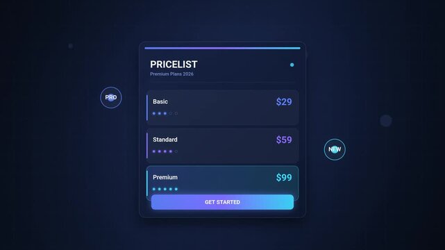 Futuristic Animated Price List Widget with Subscription Tiers