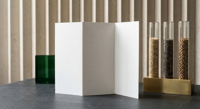 Blank white folded brochure mockup on dark surface with glass tubes