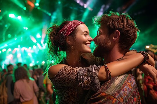 Romantic Young Couple Hugging at Music Festival with Green Lights