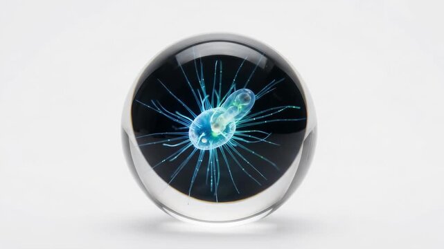 Innovation protection discoveries crystal sphere abstract blue electric cell microscopy concept with futuristic jellyfish aquatic design transparent