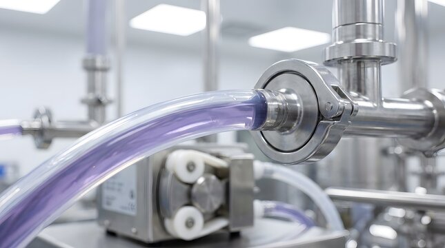 Industrial Fluid Transfer System with Metal and Transparent Tubing in Manufacturing Environment
