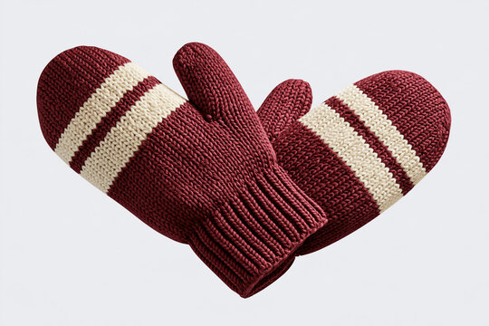 Pair of cozy maroon knitted winter mittens with cream stripes winter gloves winter clothing
