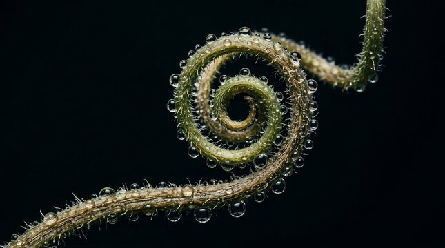Close up view of a spiral plant tendril covered in sparkling water droplets against a dark background
