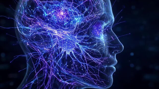 Digital neural network glowing inside human brain visualization