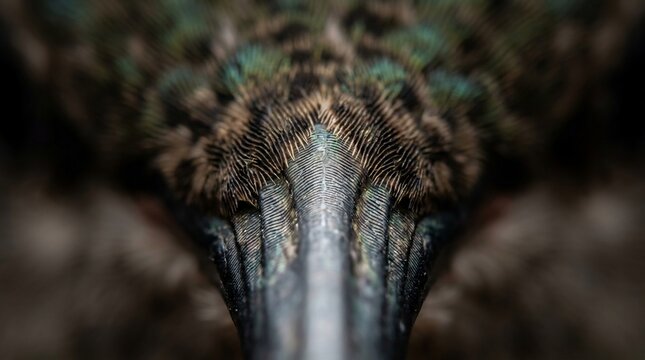 Extreme macro close up of iridescent bird feathers and beak texture