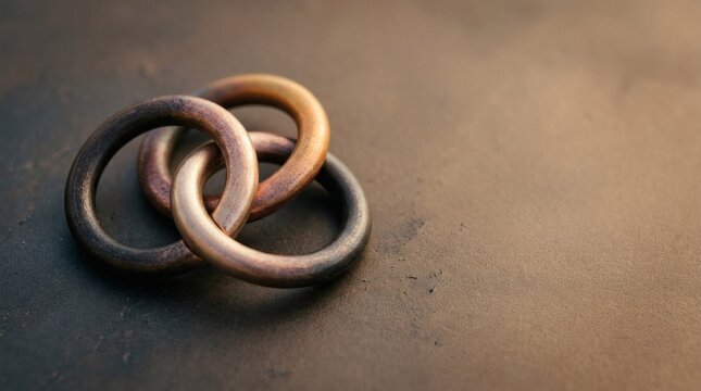 Three interconnected bronze metal rings representing unity and collaboration in industrial design minimalist photography.