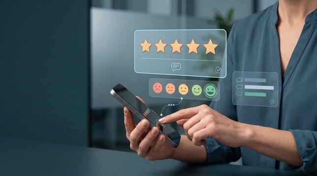 The user interacts with a holographic overlay showing star ratings and emoji sentiment icons to evaluate a service through a mobile device
