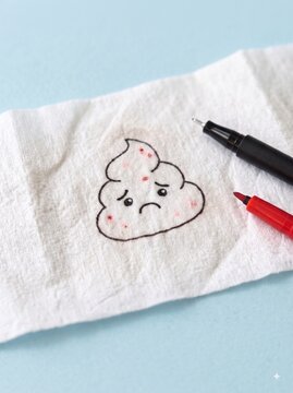 Hand-drawn sad poop character with red spots on toilet paper, concept of digestive issues or illness.