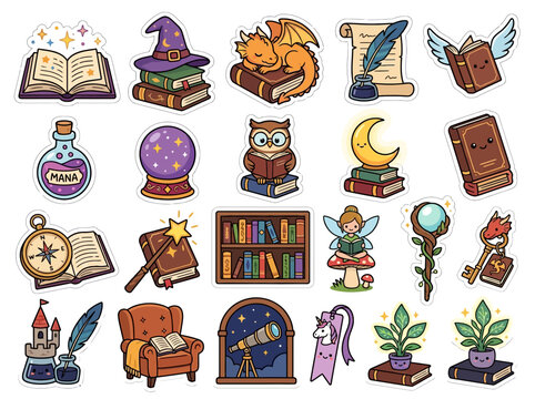 Cute magic books and wizard items sticker set collection illustration with fantasy elements crystal ball potion bottle spell book stickers
