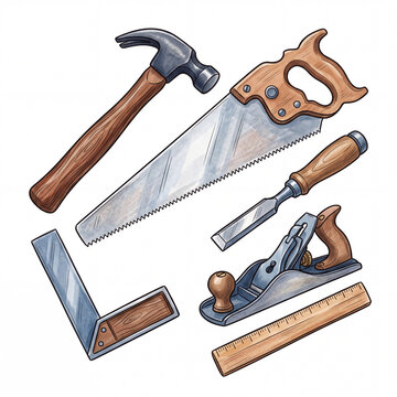 Hand tools illustration featuring hammer saw chisel plane square and ruler