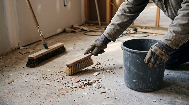 Construction worker cleaning debris from a floor with a wire brush