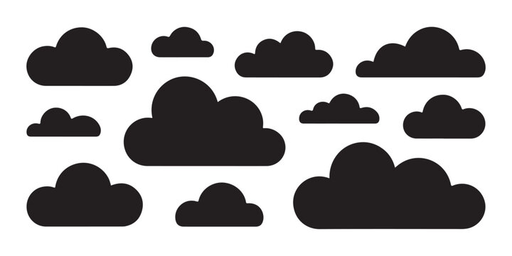 Set of various black cloud shapes vector collection isolated on transparent background design element.