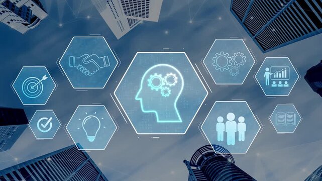 Head with gear and icons representing learning, digital training, and development process, showing skill growth for human or AI systems through knowledge or task optimization Marrow