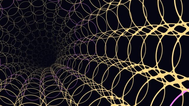 Abstract digital golden and purple wireframe tunnel created with interlocking glowing rings forming a perspective vortex on dark background