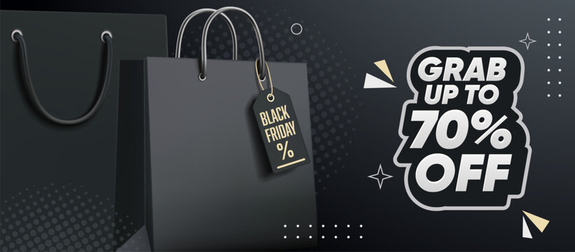 Black Friday poster or banner featuring a black shopping bag