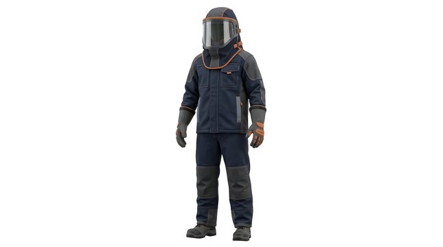 Protective Firefighter Suit with Helmet and Gloves in Neutral Setting