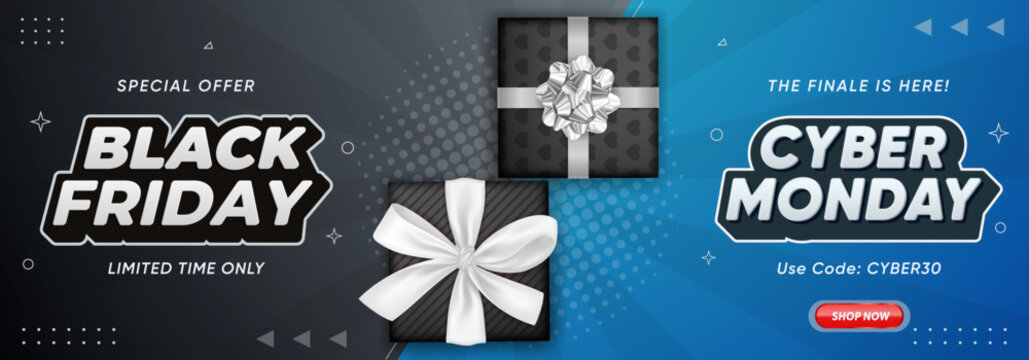 Black Friday and Cyber Monday banner featuring realistic black gift boxes