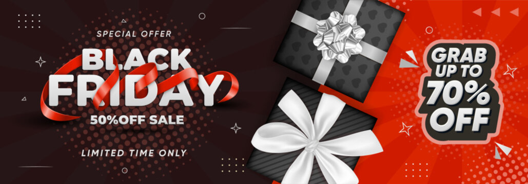 Black Friday banner featuring realistic black gift boxes