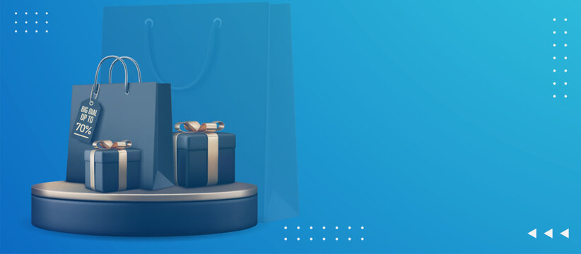 Elegant podium sale background with gift and shopping bag design