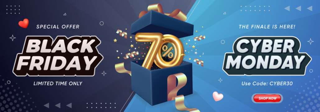 Horizontal banner featuring hot deals and massive discounts with 70% off and open gift box
