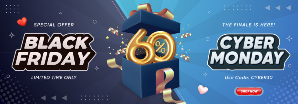 Cyber Monday and Black Friday banner featuring open gift box with extra discount banner