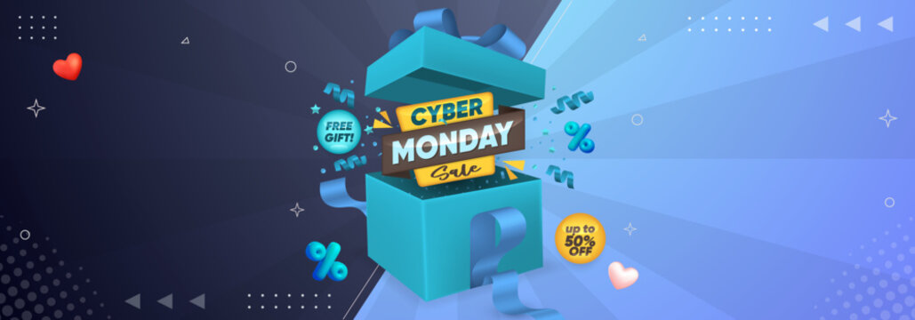 Horizontal banner featuring gift box with Cyber Monday super sale discount