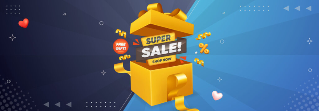 Horizontal banner featuring yellow gift box with super sale discount