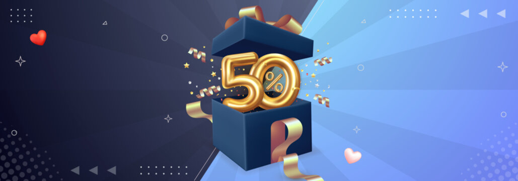 Horizontal banner featuring hot deals and massive discounts with 50% off and open gift box