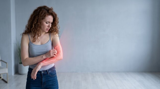 Woman suffering from arm pain or skin irritation with glowing red highlight on elbow