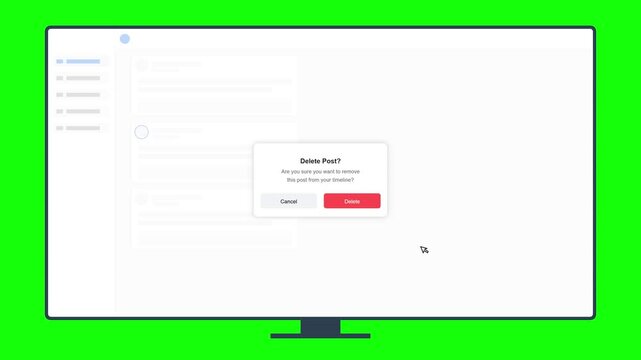 Computer Monitor Mockup on Green Screen Showing Web App Interface Deleting a Post.