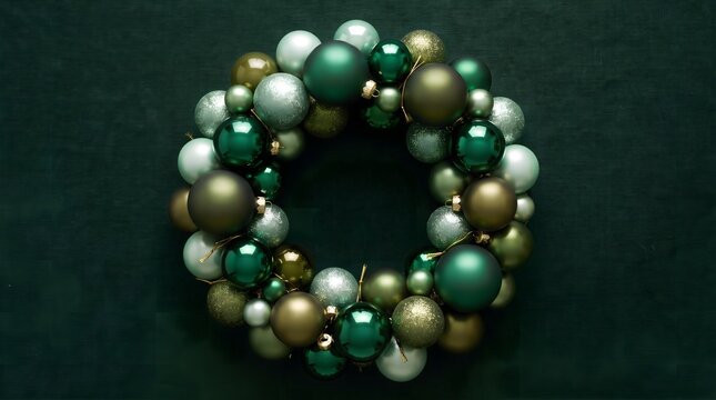 Christmas wreath made of assorted green and gold decorative baubles on a dark textured surface with christmas decoration holiday wreath christmas
