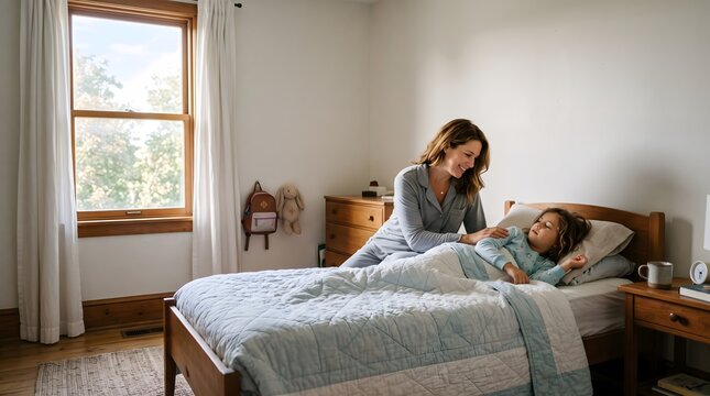 Mother tucking her young child into a comfortable bed in a bright bedroom with parenting maternal affection nurturing domestic lifestyle