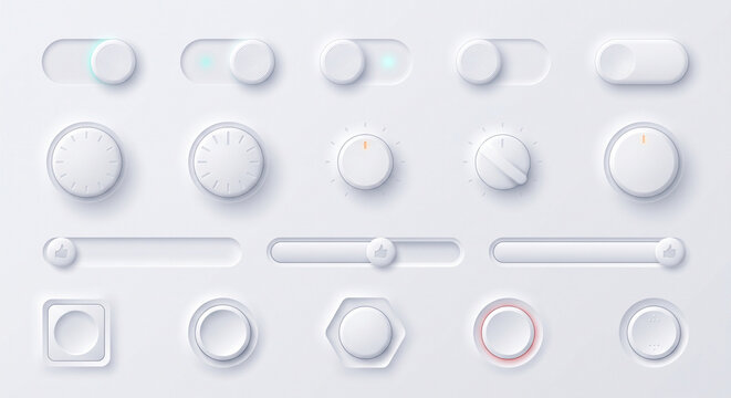 Neomorphic Soft Minimalist UI Toggle Buttons and Slider Controls Graphic Design Resources Set