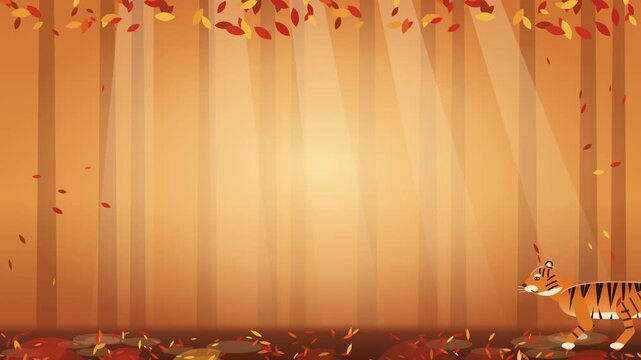 Bengal tiger walking through sun dappled autumn forest seamless loop