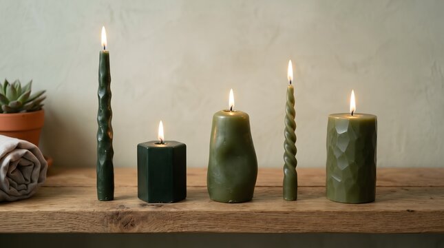 Five burning green candles of various shapes on a rustic wooden shelf with scented candles wax candles home decor interior design candle flames