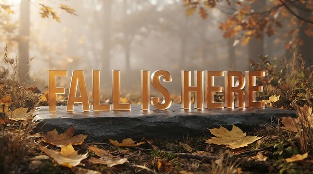 Golden autumn letters sitting on a rock in a forest